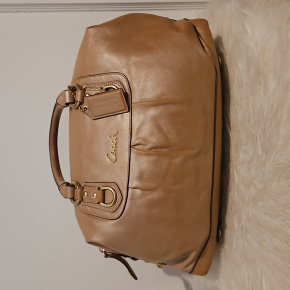 Coach Ashley Shimmery Tan Or Metallic Gold Bronze Leather Script Satchel F15447 - Picture 7 of 12